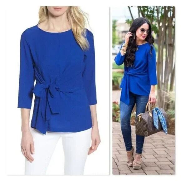 GIBSON Blue Tie Front Crepe Top Sz M Blouse Career Office - Picture 2 of 12